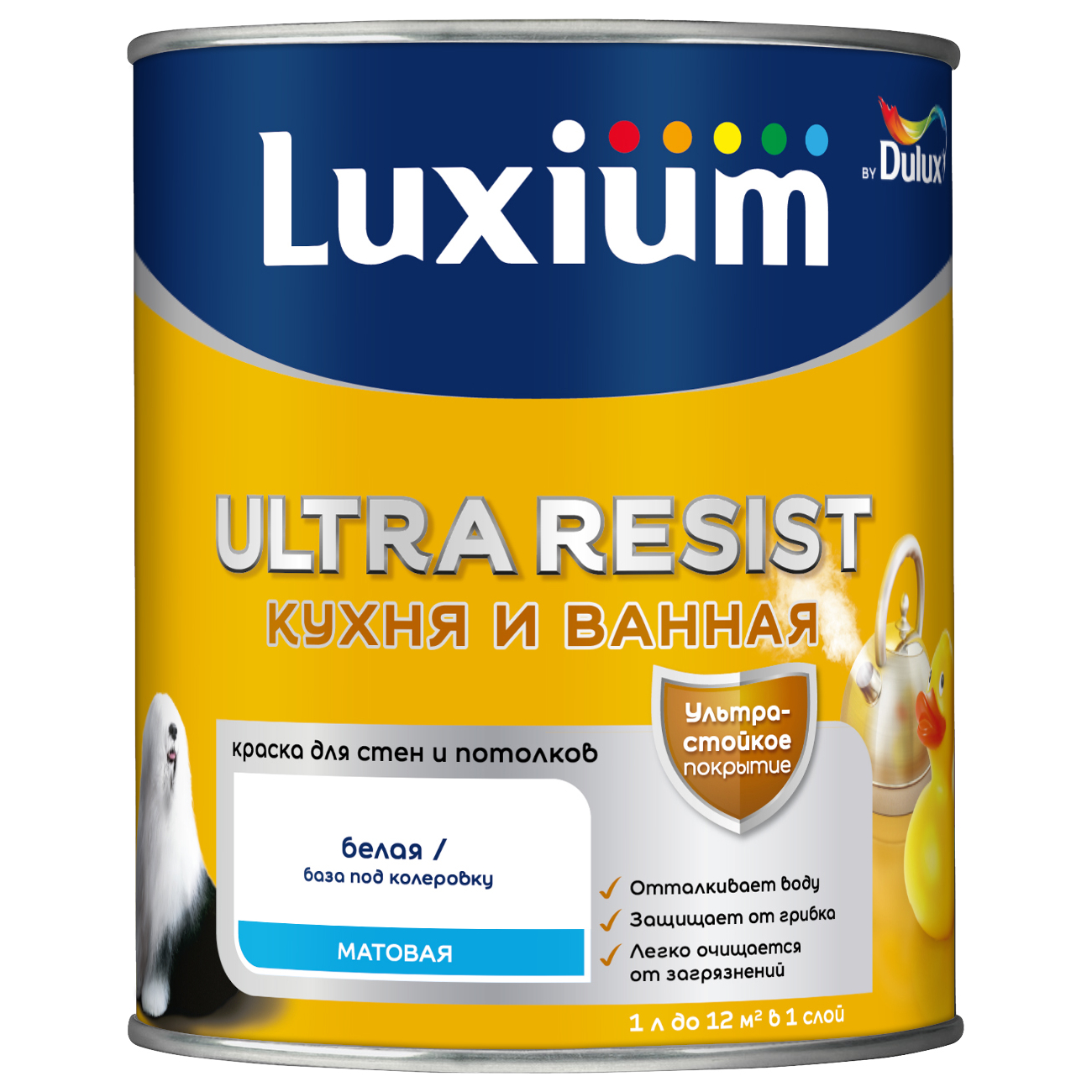 интерьерная краска Dulux ULTRA RESIST КУХНЯ И ВАННАЯ полумат. Dulux Основа A - супербелая\ под колеровку 1 л, матовая, колеруемая для минеральных оснований