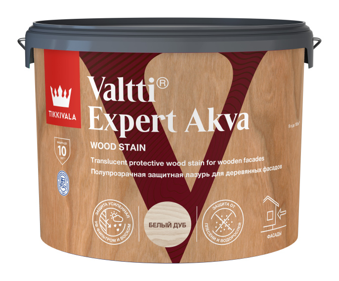 Защитная лазурь по дереву VALTTI EXPERT AKVA, 9л, Белый дуб — Tikkivala для деревозащита, для фасада