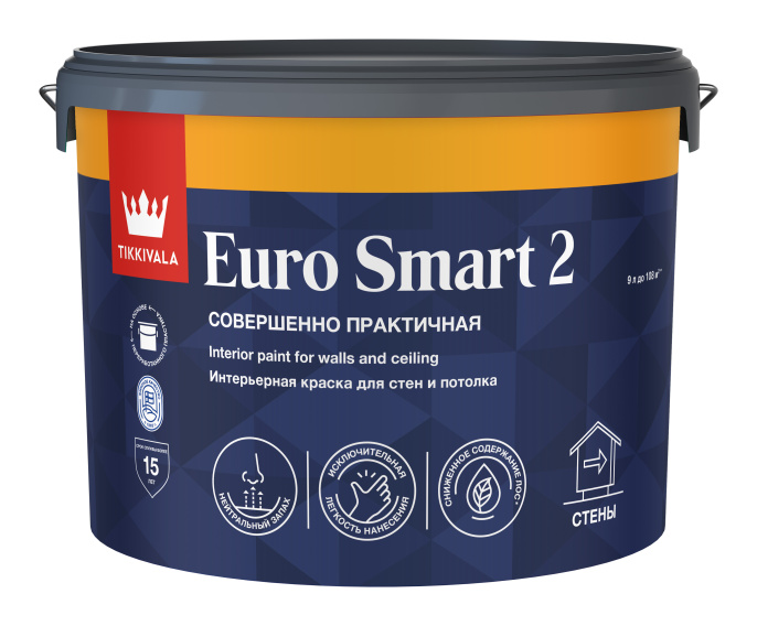Глубокоматовая интерьерная краска EURO SMART 2 Tikkivala, цвет Белый, фасовка 9л: для внутренних работ, для стен и потолков