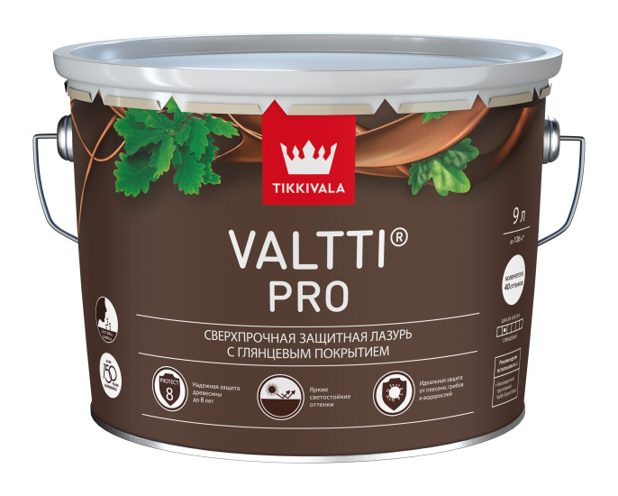 Сверхпрочная глянцевая лазурь VALTTI PRO — лазурь Tikkivala, Прозрачный, 9 л, по штукатурке