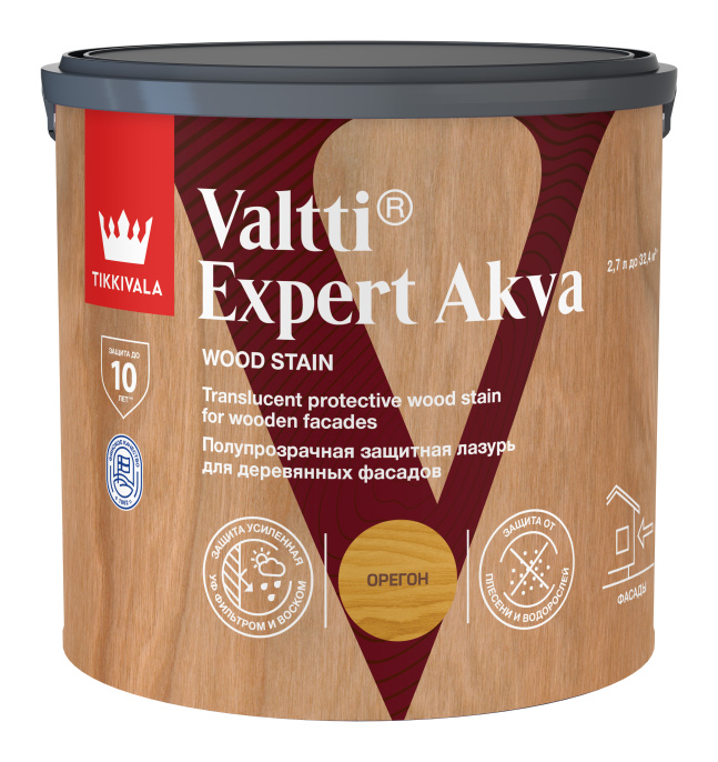 лазурь Защитная лазурь по дереву VALTTI EXPERT AKVA Tikkivala Орегон 2,7л, акриловая, водно-дисперсионная, матовая, колеруемая по штукатурке