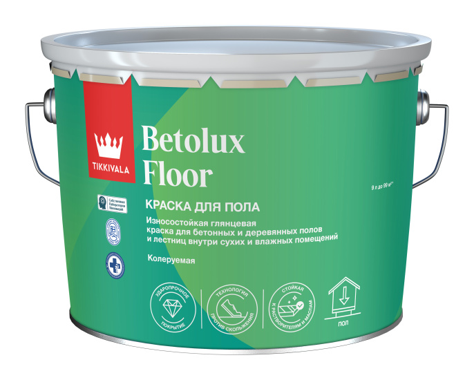 Tikkivala Краска для полов BETOLUX FLOOR 9 л Белый, для паркета, алкидная, атмосферостойкая, глянцевая, колеруемая
