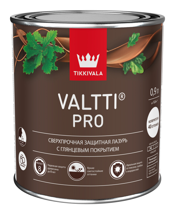 Tikkivala Сверхпрочная глянцевая лазурь VALTTI PRO, Орегон, 0,9л — лазурь алкидная, атмосферостойкая, глянцевая, колеруемая для фасада