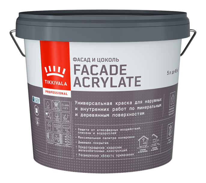 Tikkivala Фасадная краска Facade Acrylate (гл/мат) 9 л Белый, для наружных работ, акриловая, водно-дисперсионная, матовая, колеруемая