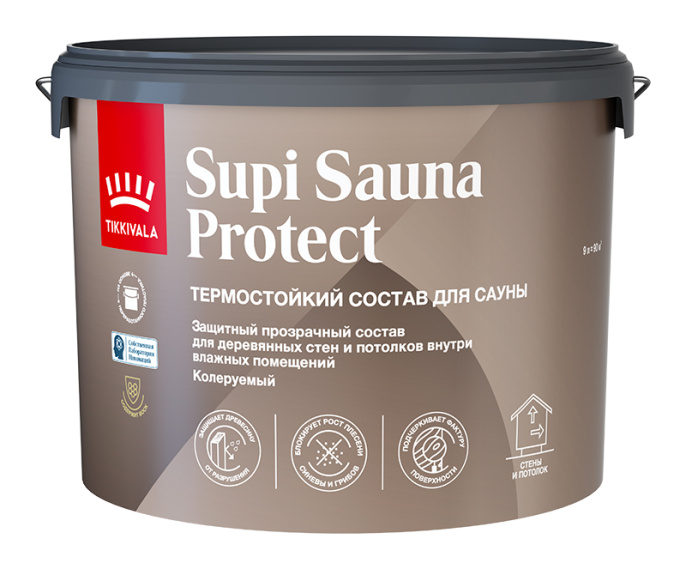 Защитный состав для бань и саун SUPI SAUNA PROTECT, 9 л, Бесцветный — Tikkivala для деревозащита, для внутренних работ