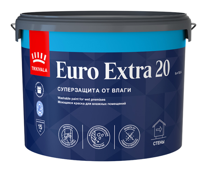 Изображение товараКраска для влажных помещений EURO EXTRA 20 Белый 9л Tikkivala: для стен и потолков и для внутренних работ Краска для влажных помещений EURO EXTRA 20 Белый 9л Tikkivala: для стен и потолков и для внутренних работ