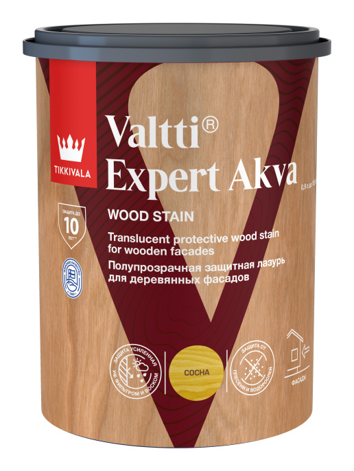 Защитная лазурь по дереву VALTTI EXPERT AKVA — лазурь Tikkivala, Сосна, 0,9л, по штукатурке