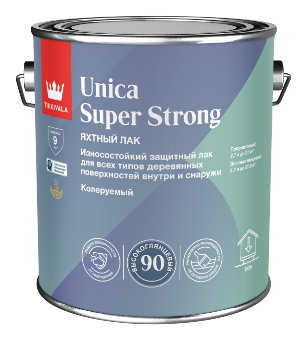 Яхтный лак Глянцевый Unica Super Strong — финишный лак Tikkivala, Бесцветный, 2,7л, для дерева