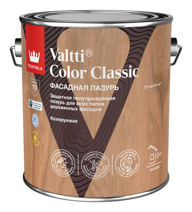Tikkivala Деревозащитная лазурь VALTTI COLOR CLASSIC 2,7л Прозрачный, для наружных работ, алкидная, атмосферостойкая, матовая, колеруемая