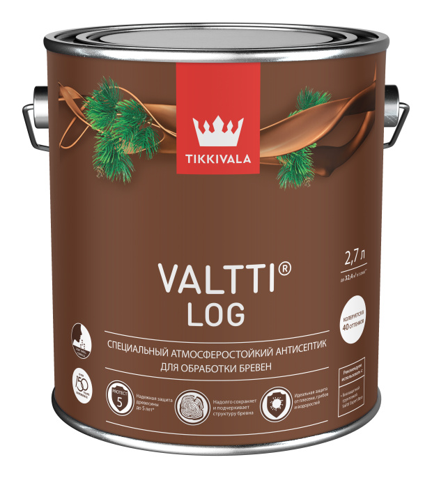 Антисептик лессирующий VALTTI LOG (мат) Tikkivala, цвет Бесцветный, фасовка 2,7л: для наружных работ, по штукатурке