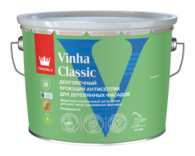 Tikkivala Кроющий антисептик Vinha Classic 9 л Основа C - для колеровки в насыщенные тона, для наружных работ, акриловая, водно-дисперсионная, матовая, колеруемая