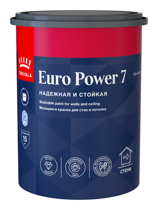 Tikkivala Моющаяся краска для стен и потолков EURO POWER 7, Белый, 0,9л — краска акриловая, водно-дисперсионная, матовая, колеруемая для стен и потолков