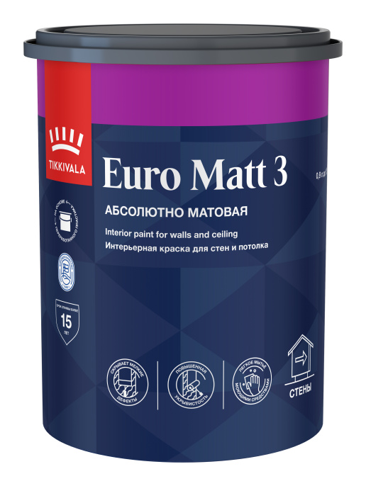 Краска для стен и потолков EURO MATT 3 Белый 0,9л Tikkivala: для стен и потолков и для внутренних работ