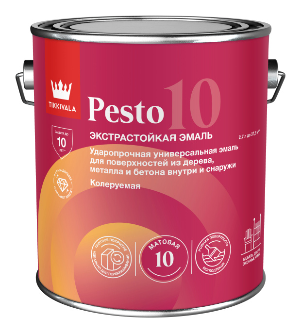 Tikkivala Эмаль универсальная PESTO 10 (мат) 2,7л Основа C - для колеровки в насыщенные тона, для наружных работ, алкидная, атмосферостойкая, матовая, колеруемая