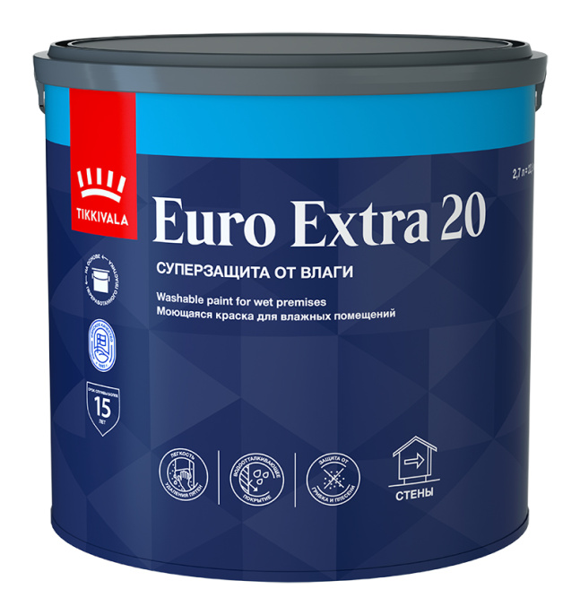 Краска для влажных помещений EURO EXTRA 20 Tikkivala 2,7л, Основа С (под колеровку в насыщенные тона), профессиональное покрытие для стен и потолков