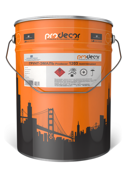 Грунт-эмаль Prodecor-1203 полуглянцевая — антикоррозионное покрытие Prodecor, Основа C, 20 кг, по штукатурке