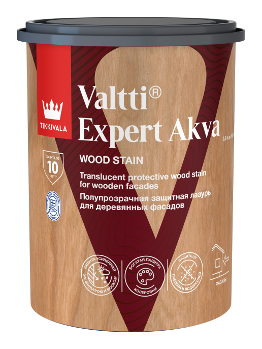 Tikkivala Защитная лазурь по дереву VALTTI EXPERT AKVA, Прозрачный, 0,9л — лазурь акриловая, водно-дисперсионная, матовая, колеруемая для фасада