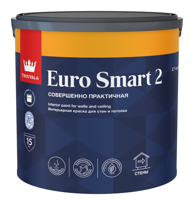 Глубокоматовая интерьерная краска EURO SMART 2, 2,7л, Белый — Tikkivala для строительства, для внутренних работ