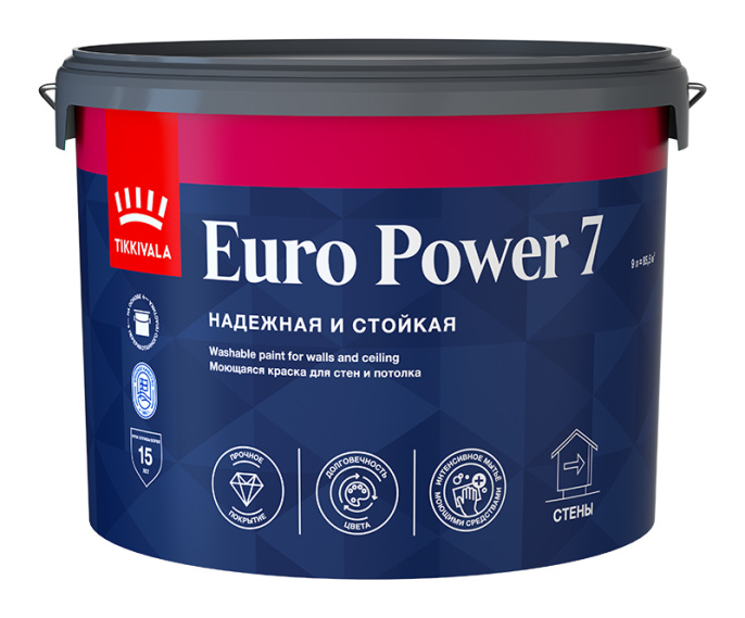 Изображение товараTikkivala Моющаяся краска для стен и потолков EURO POWER 7 9л Белый, для стен и потолков, акриловая, водно-дисперсионная, матовая, колеруемая Tikkivala Моющаяся краска для стен и потолков EURO POWER 7 9л Белый, для стен и потолков, акриловая, водно-дисперсионная, матовая, колеруемая