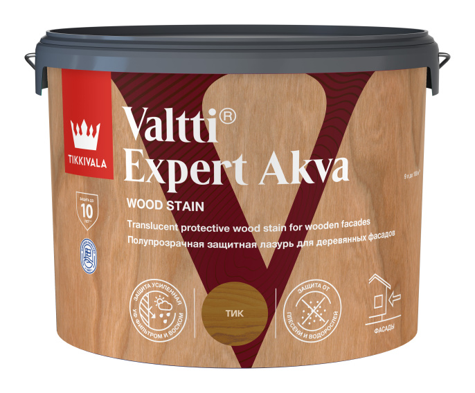 Защитная лазурь по дереву VALTTI EXPERT AKVA Tikkivala 9л, Тик,