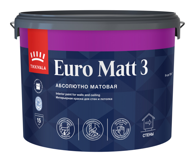 Изображение товараTikkivala Краска для стен и потолков EURO MATT 3, Белый, 9л — краска акриловая, водно-дисперсионная, матовая, колеруемая для стен и потолков Tikkivala Краска для стен и потолков EURO MATT 3, Белый, 9л — краска акриловая, водно-дисперсионная, матовая, колеруемая для стен и потолков