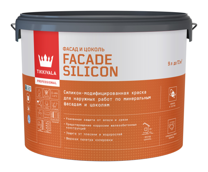 Фасадная краска Facade Silicon (гл/мат) — лакокрасочное покрытие Tikkivala, Основа C - для колеровки в насыщенные тона, 9л, по штукатурке