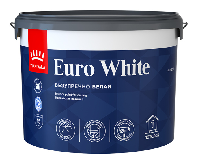 Краска для потолка EURO WHITE белая (гл/мат) — лакокрасочное покрытие Tikkivala, Белый, 9л, для внутренних работ