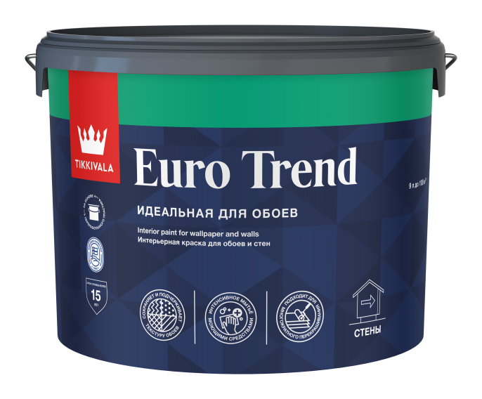 Tikkivala Интерьерная краска для обоев и стен EURO TREND 9л Основа С (под колеровку в насыщенные тона), по штукатурке, акриловая, водно-дисперсионная, матовая, колеруемая
