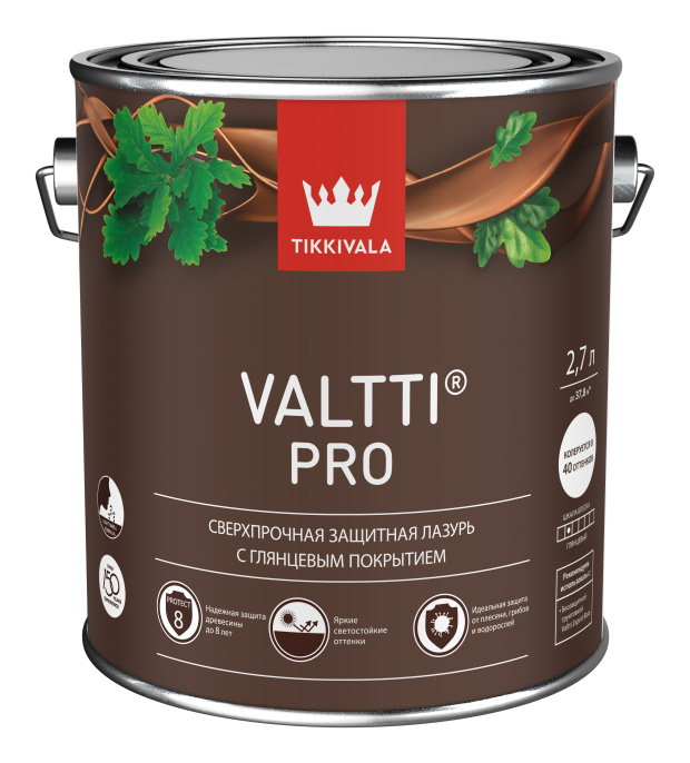 Изображение товараTikkivala Сверхпрочная глянцевая лазурь VALTTI PRO, Орех, 2,7л — лазурь алкидная, атмосферостойкая, глянцевая, колеруемая для фасада Tikkivala Сверхпрочная глянцевая лазурь VALTTI PRO, Орех, 2,7л — лазурь алкидная, атмосферостойкая, глянцевая, колеруемая для фасада