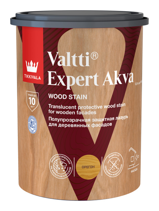 Tikkivala Защитная лазурь по дереву VALTTI EXPERT AKVA 0,9л Орегон, для наружных работ, акриловая, водно-дисперсионная, матовая, колеруемая