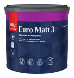 Краска для стен и потолков EURO MATT 3, 2,7л, Белый — Tikkivala для интерьера, для внутренних работ