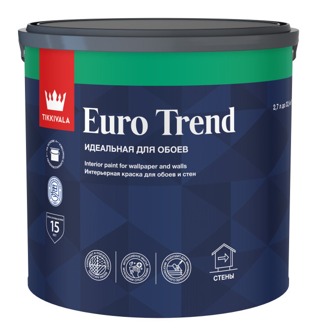 Интерьерная краска для обоев и стен EURO TREND Tikkivala 2,7л, Белый, профессиональное покрытие для минеральных оснований