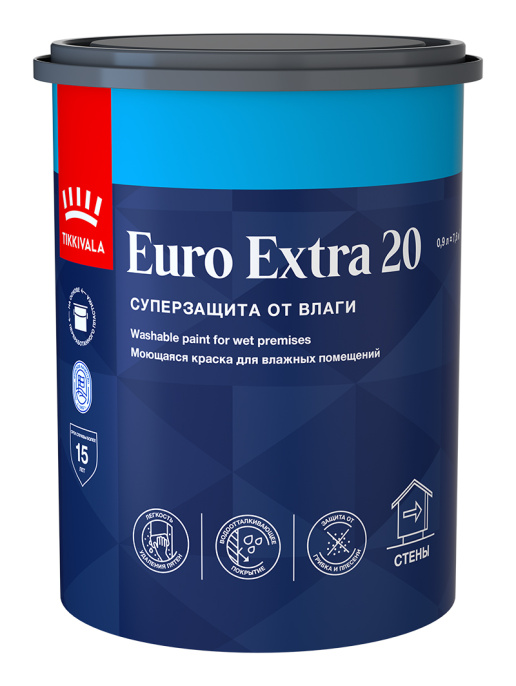 Изображение товараинтерьерная краска для влажных помещений EURO EXTRA 20 Tikkivala Белый 0,9л, акриловая, водно-дисперсионная, матовая, колеруемая для стен и потолков интерьерная краска для влажных помещений EURO EXTRA 20 Tikkivala Белый 0,9л, акриловая, водно-дисперсионная, матовая, колеруемая для стен и потолков