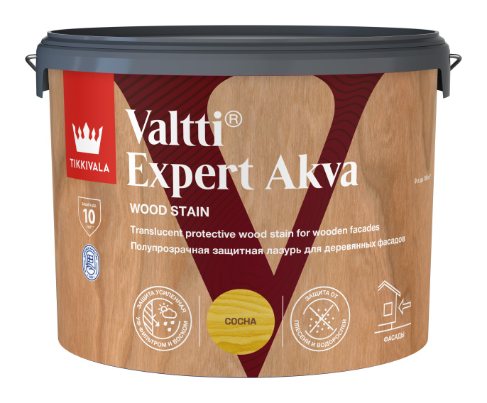 Защитная лазурь по дереву VALTTI EXPERT AKVA Tikkivala, цвет Сосна, фасовка 9л: для наружных работ, по штукатурке