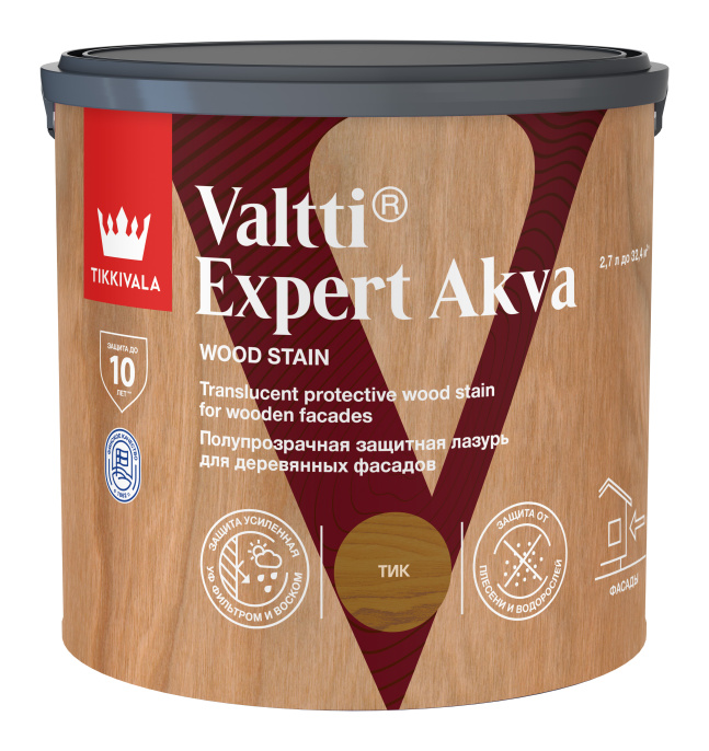 Tikkivala Защитная лазурь по дереву VALTTI EXPERT AKVA, Тик, 2,7л — лазурь акриловая, водно-дисперсионная, матовая, колеруемая для фасада