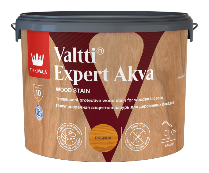 Tikkivala Защитная лазурь по дереву VALTTI EXPERT AKVA 9л Рябина, для наружных работ, акриловая, водно-дисперсионная, матовая, колеруемая