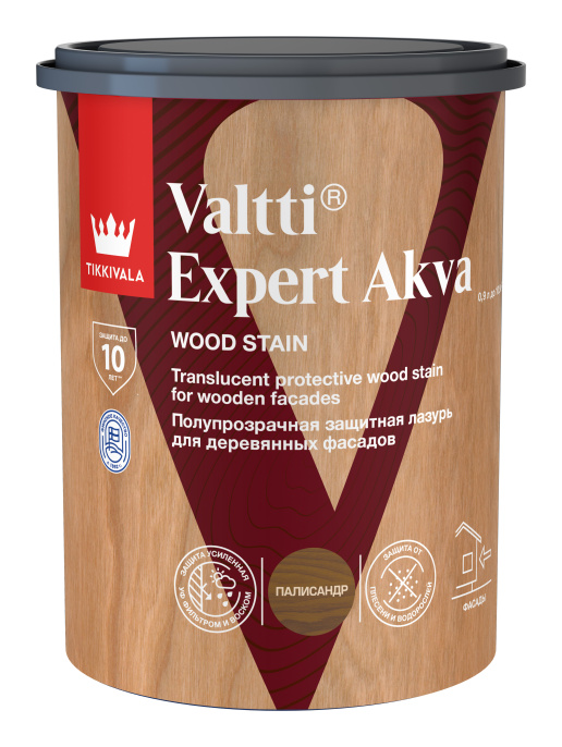 Защитная лазурь по дереву VALTTI EXPERT AKVA Tikkivala, цвет Палисандр, фасовка 0,9л: для наружных работ, по штукатурке