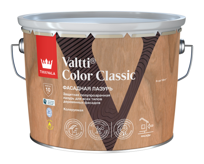 лазурь Деревозащитная лазурь VALTTI COLOR CLASSIC Tikkivala Прозрачный 9л, алкидная, атмосферостойкая, матовая, колеруемая по штукатурке
